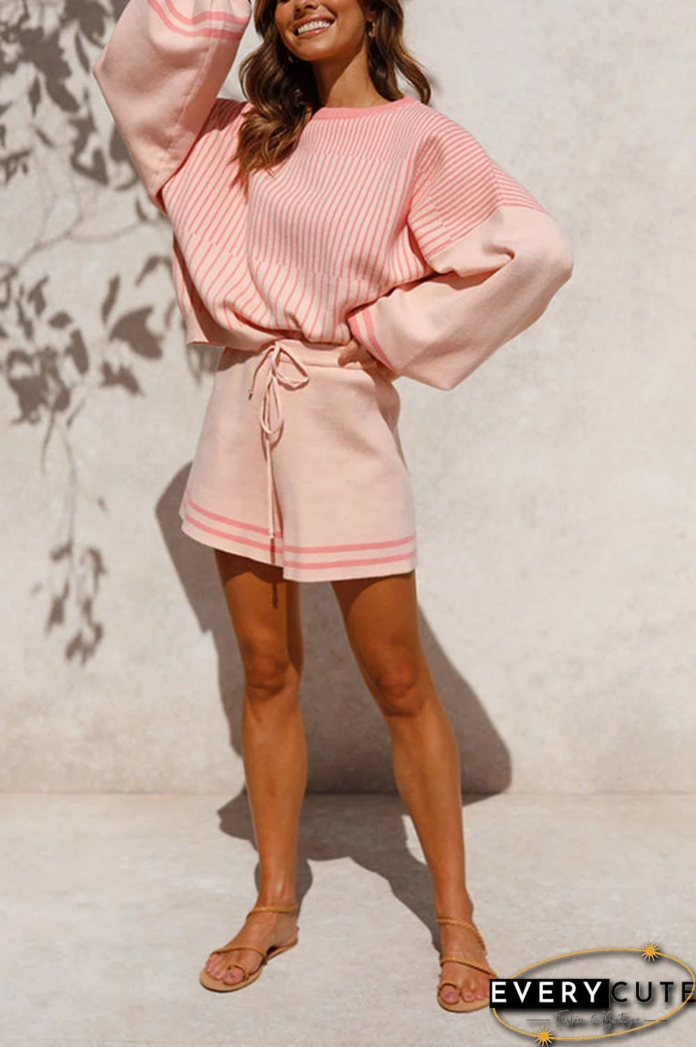 Gradient Stripe Puff Sleeve Sweater Shorts Set