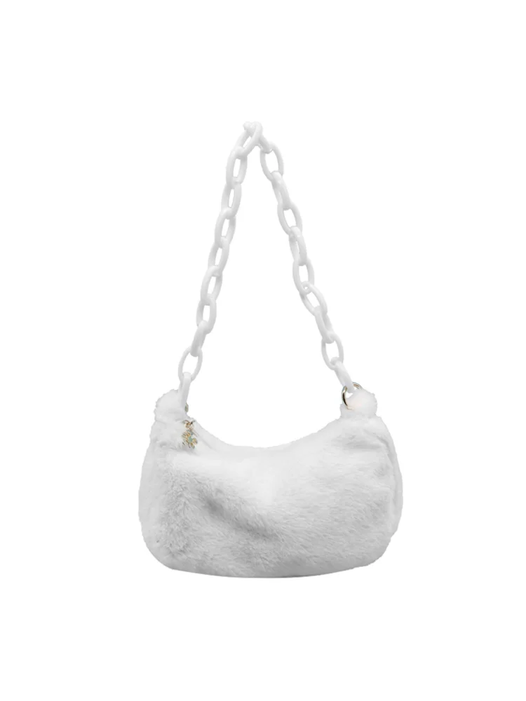 Retro Women Acrylic Chain Plush Underarm Bag Casual Small Handbags (White)