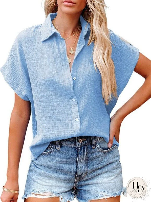 Versatile Solid Collar Loose Fit Blouse with Short Sleeves