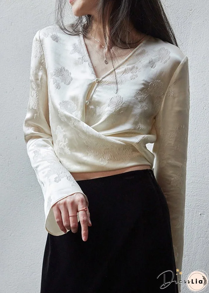 Jacquard Beige V Neck Button Patchwork Silk Top Long Sleeve
