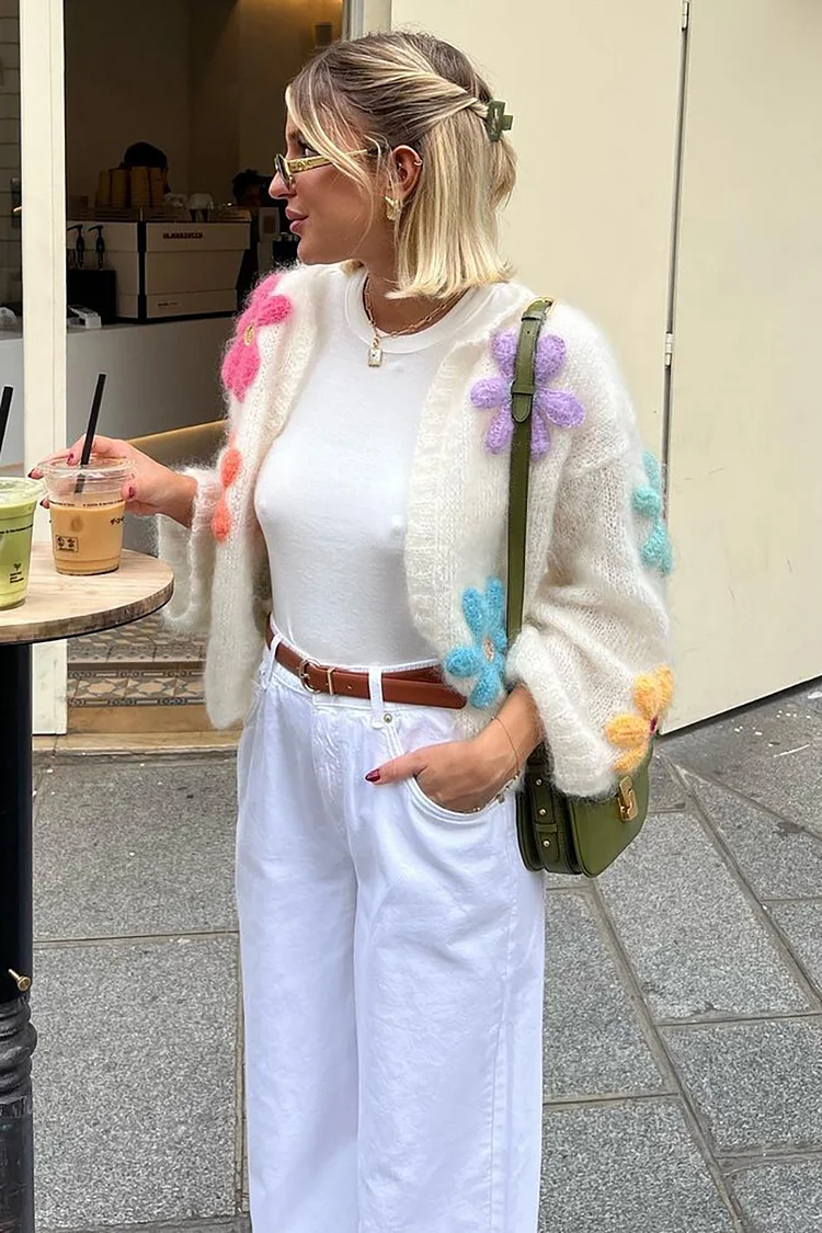 Colorful Floral Pattern Long Sleeve Crop Sweater Cardigan-White [Pre Order]