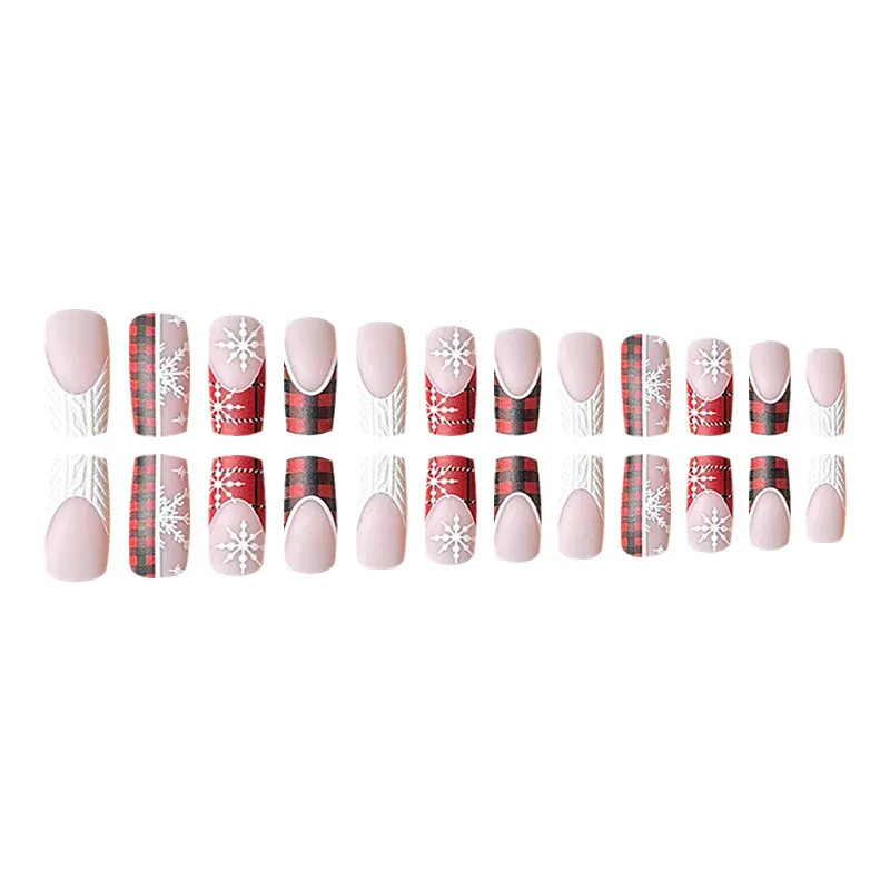 Churchf Ballet Red And White Christmas Relief Fake Nails New Year Plaid French New Wear Armour Piece