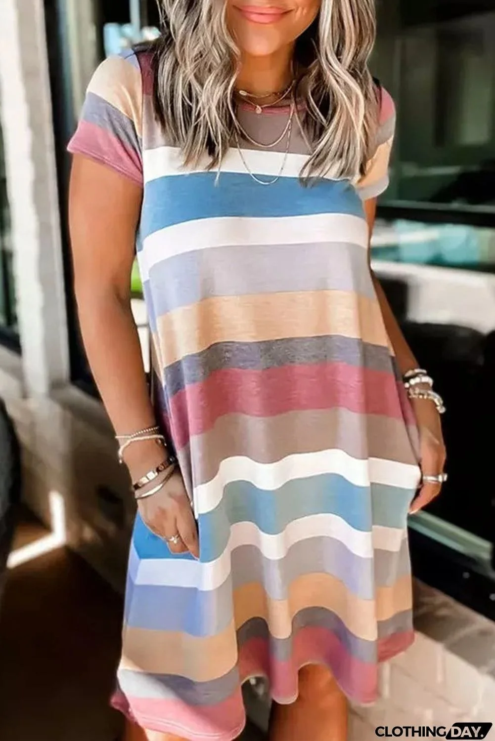 Multicolor Striped Pocket T Shirt Dress