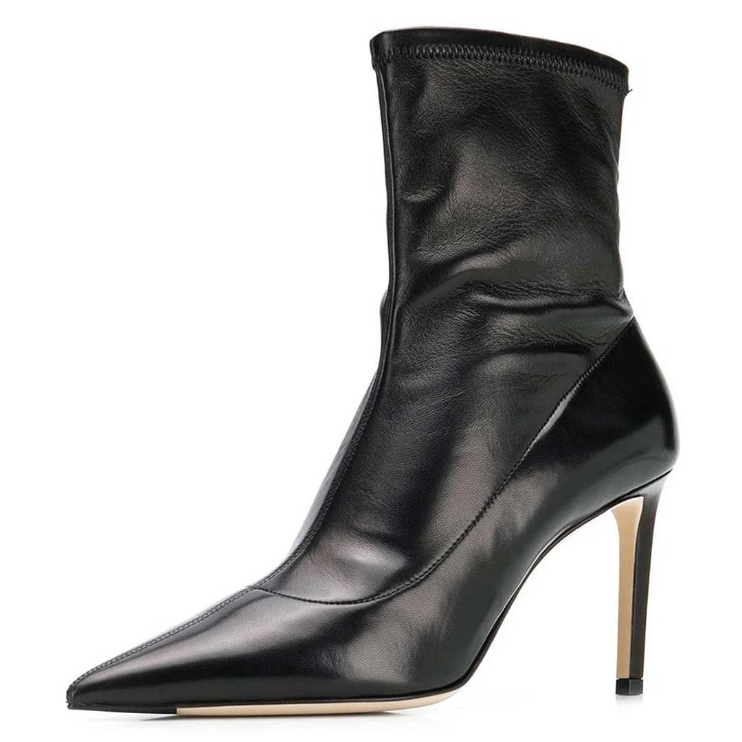 Black Vegan Leather Stiletto Heel Pointed Toe Stretch Ankle Boots