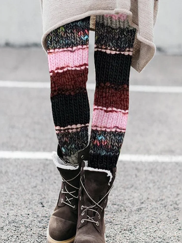 VChics Pink Colorblock Patchwork Chunky Cozy Leggings