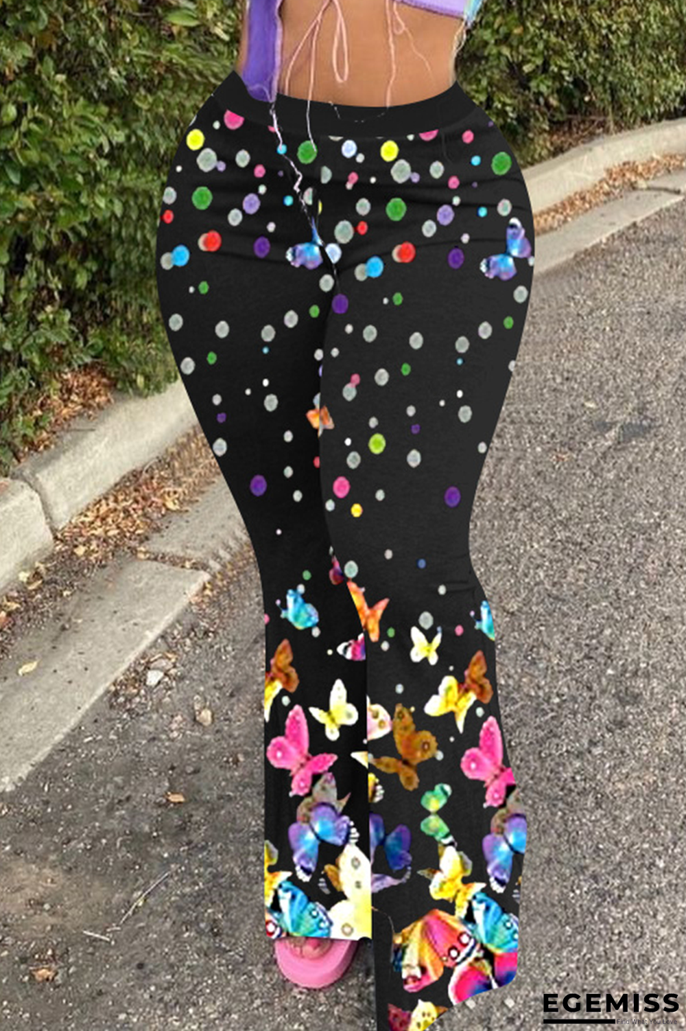 Black Casual Print Patchwork Boot Cut Mid Waist Speaker Full Print Bottoms | EGEMISS