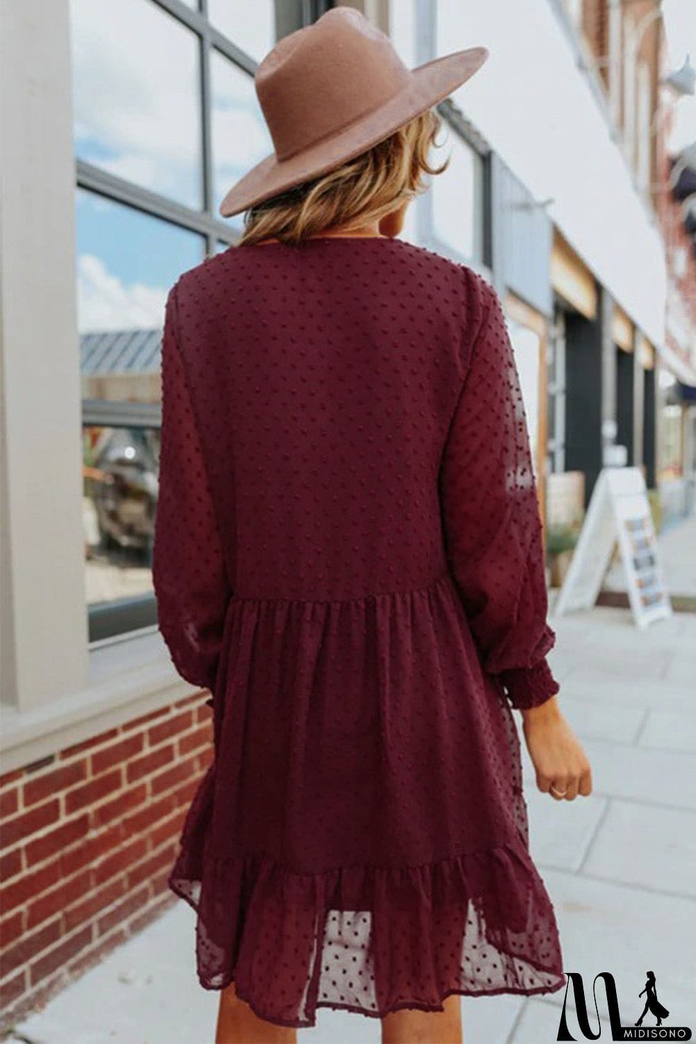 MidiSono - V-Neck Dotted Burgundy Empire Dress