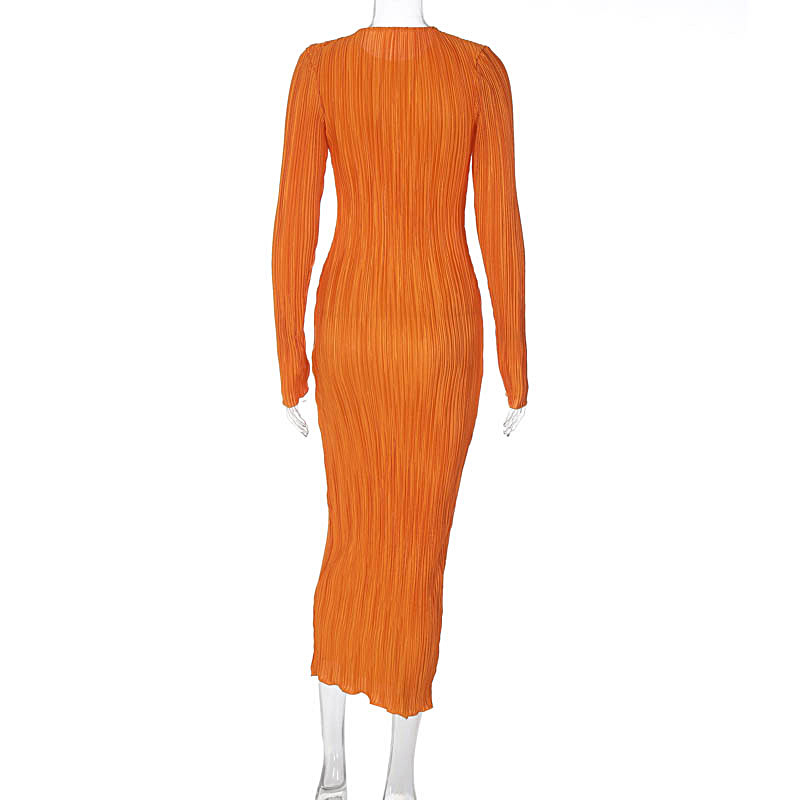 Ootddress Fashion Long Sleeve Loose Dress For Women Ribbed Casual Elegant Slim High Waist Streetwear Solid Ruffled Ladies Dress 2025