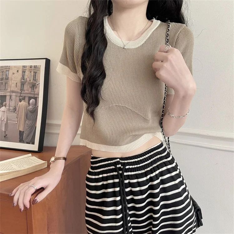 Uveng Uveng Clamming Color Splicing T-Shirts For Women's New Summer Fashion Slimming Thin-Sleeved Ice Silk Short-Sleeved Top Tide