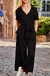 SHORT SLEEVE SOLID COLOR LACE-UP V NECK SOFT ROMPER JUMPSUIT
