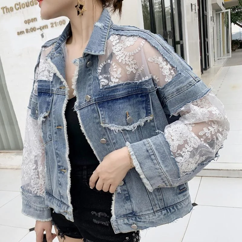 Chaquetas Mujer Summer Streetwear Embroidery Lace Patchwork Sexy Denim Jacket Women Frayed Tassel Loose Jeans Coat Plus Size 3XL