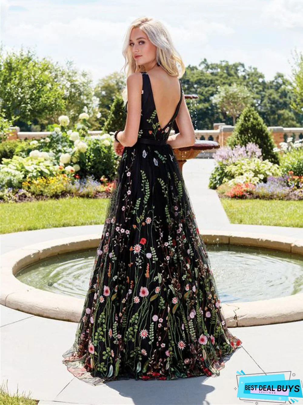Sexy Deep V Slim Backless Big Hem Dress Sleeveless Embroidered Long Dress
