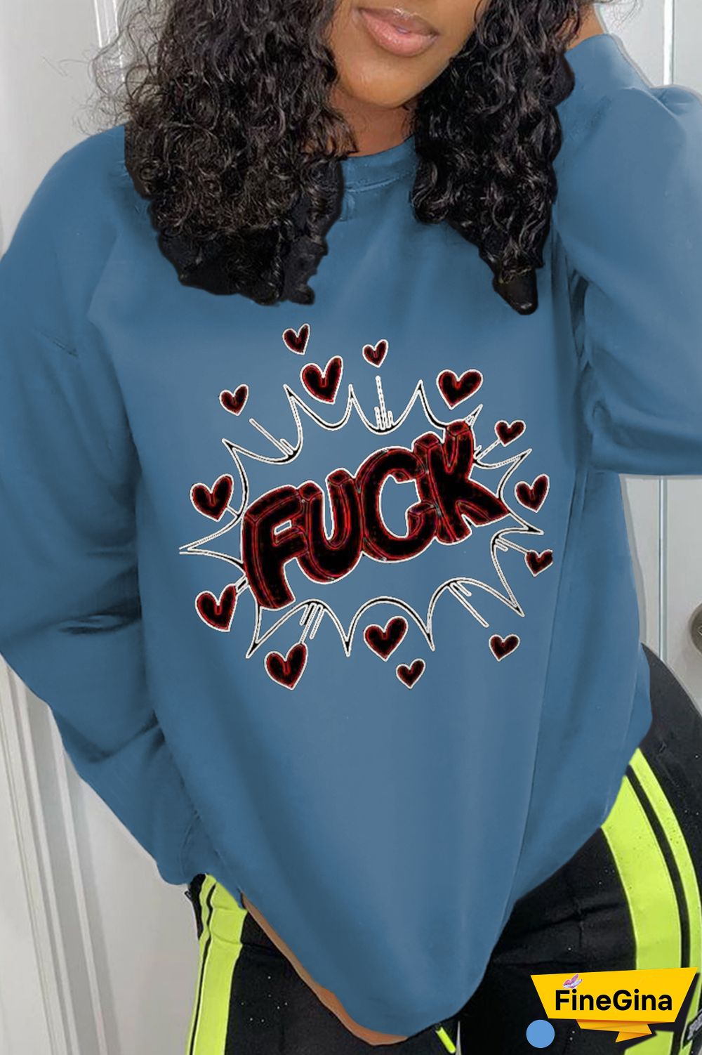 Blue Street Print Letter O Neck Tops