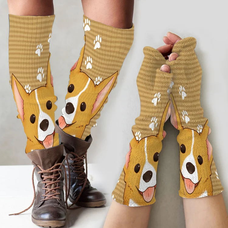 （Ship within 24 hours）Vintage corgi puppy print knitted leg warmers + fingerless gloves set