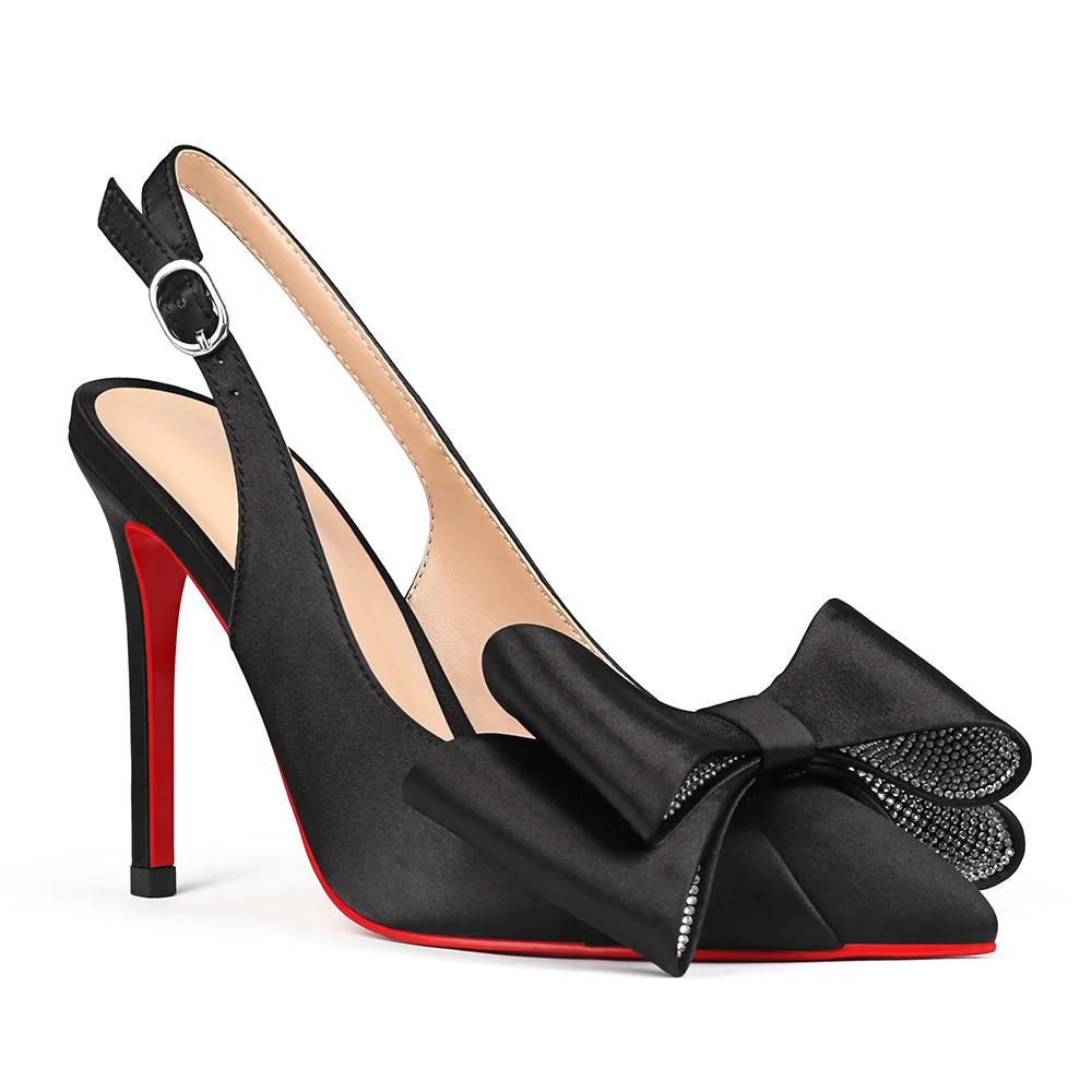 100mm Women's Red Bottom Diamonds Bows Slingback Sandals Design Heels Pointed Toe Stiletto Shoes -MERUMOTE