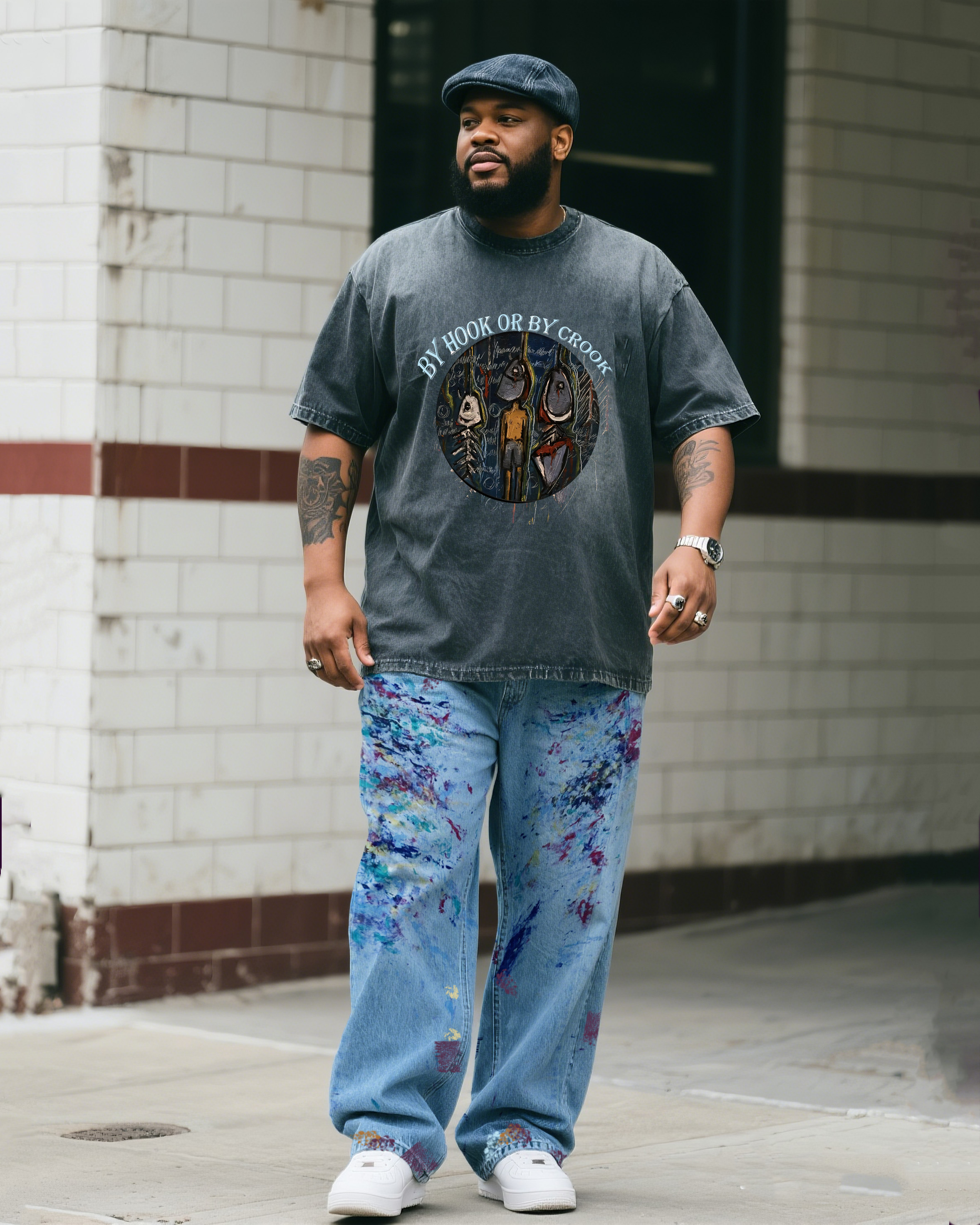 Plus Size Men's Unscrupulous Printed T-shirt Splash Ink Pants Denim Suit