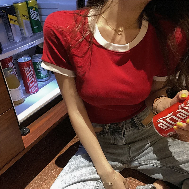Brownm Brownm Summer Solid Color Korea New Short-Sleeved T-Shirt Women Slim Solid Color Women's Top Clothes