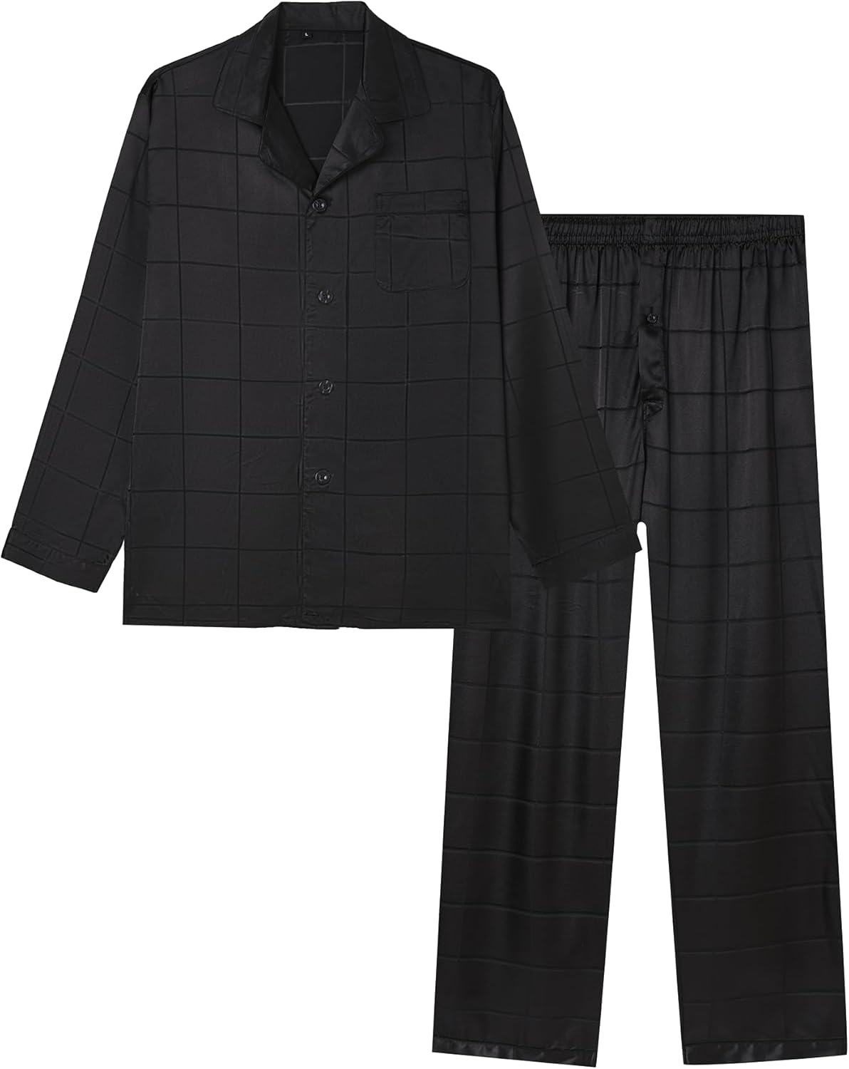 Jupitersecret Men's Silk Pajamas Set Long Sleeve Button-Down Sleepwear With Pockets，Black plaid