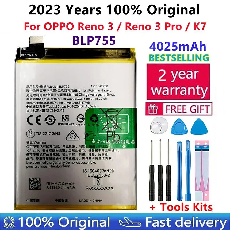 100% Original New High Quality 4025mAh BLP755 Replacement battery For OPPO K7 Reno 3 Reno3 Pro 5G mobile phone batteries Bateria