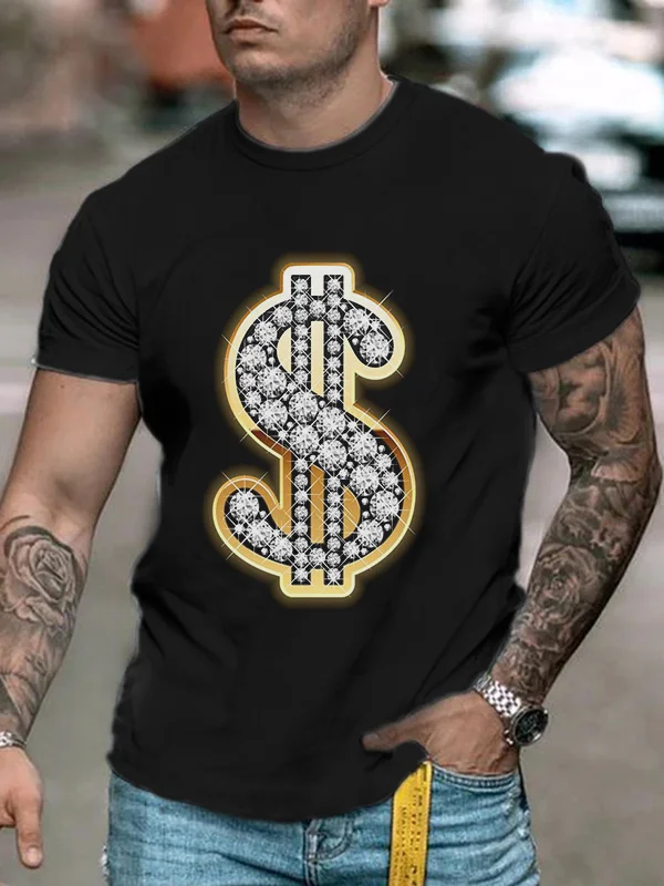 Stylish men's casual short sleeve T-shirt in black gold coin print.jpg