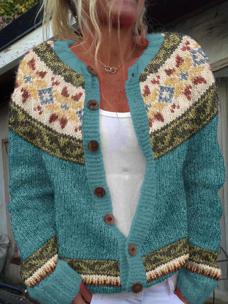 Vintage Icelandic Pattern Art Print Cozy Button Sweater