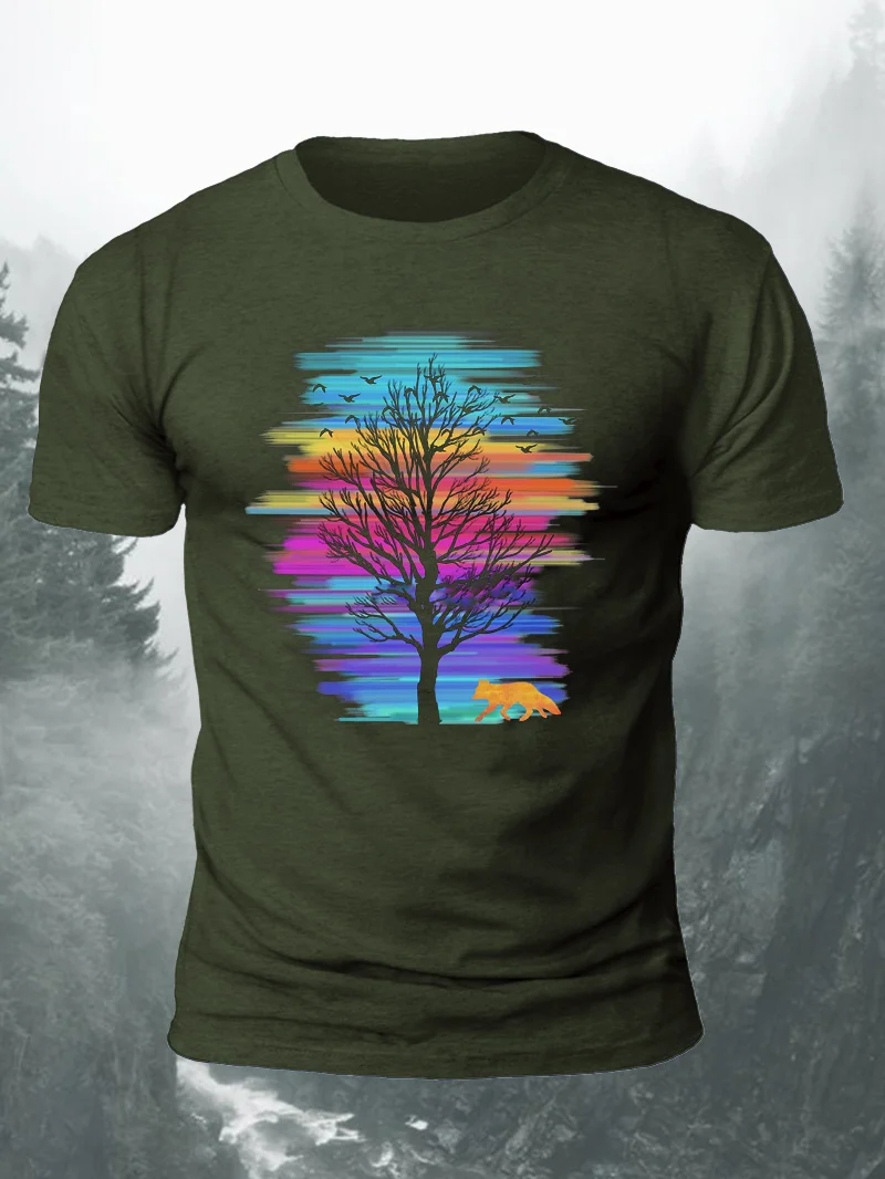 The Fox & The Tree At Sunset Print Short Sleeve Men's T-Shirt in  mildstyles