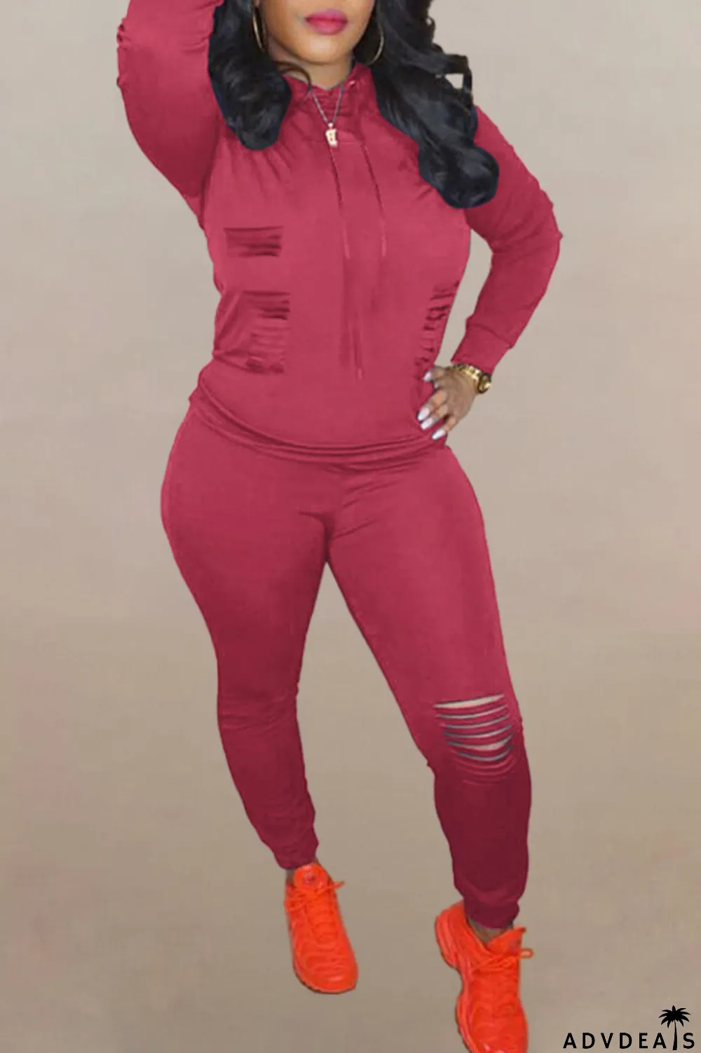 Brown Fashion Solid Ripped Hooded Collar Long Sleeve Two Pieces