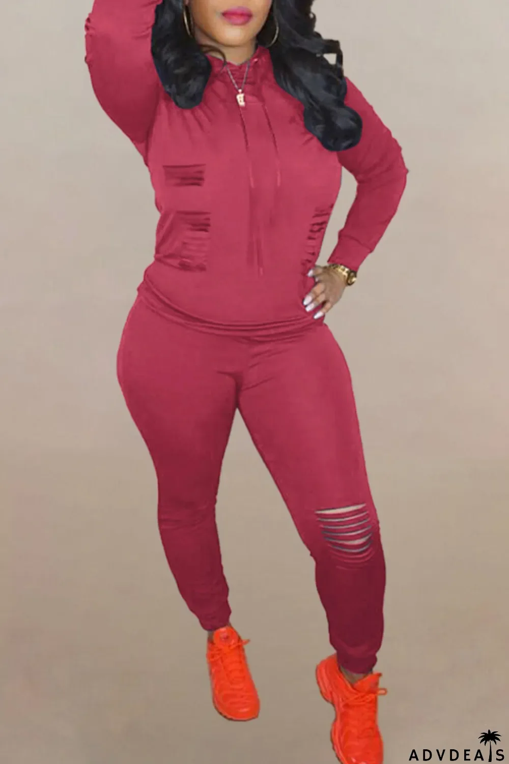 Brown Fashion Solid Ripped Hooded Collar Long Sleeve Two Pieces