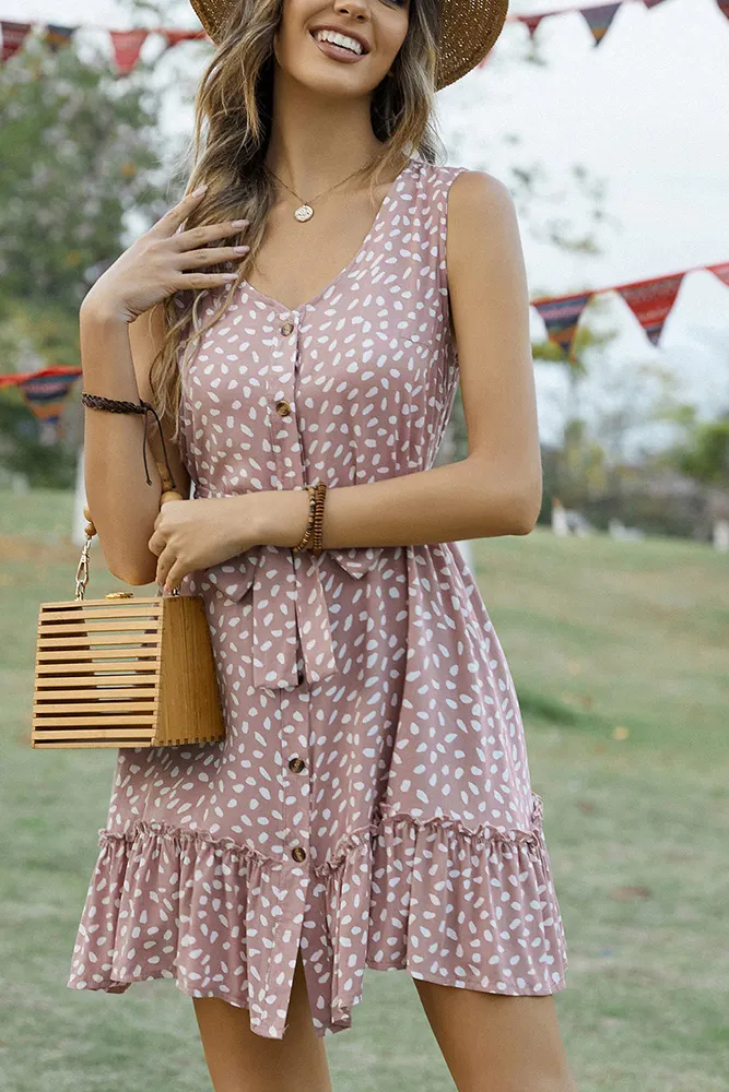 V Neck Buttoned Printed Sleeveless Dress With Sash