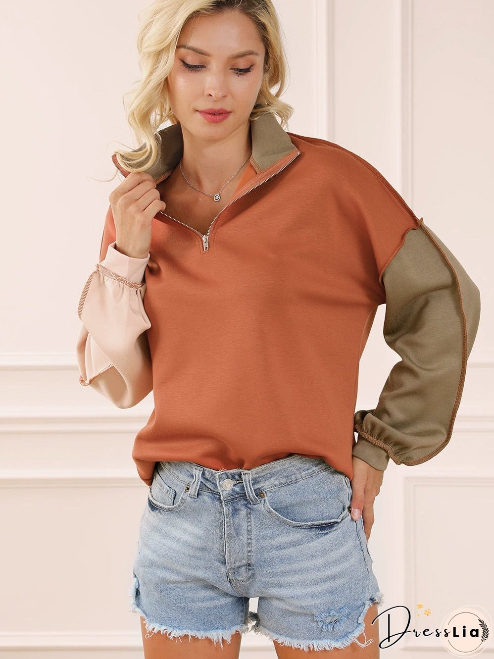 Khaki Zippered V-Neck Color Block Sweatshirt