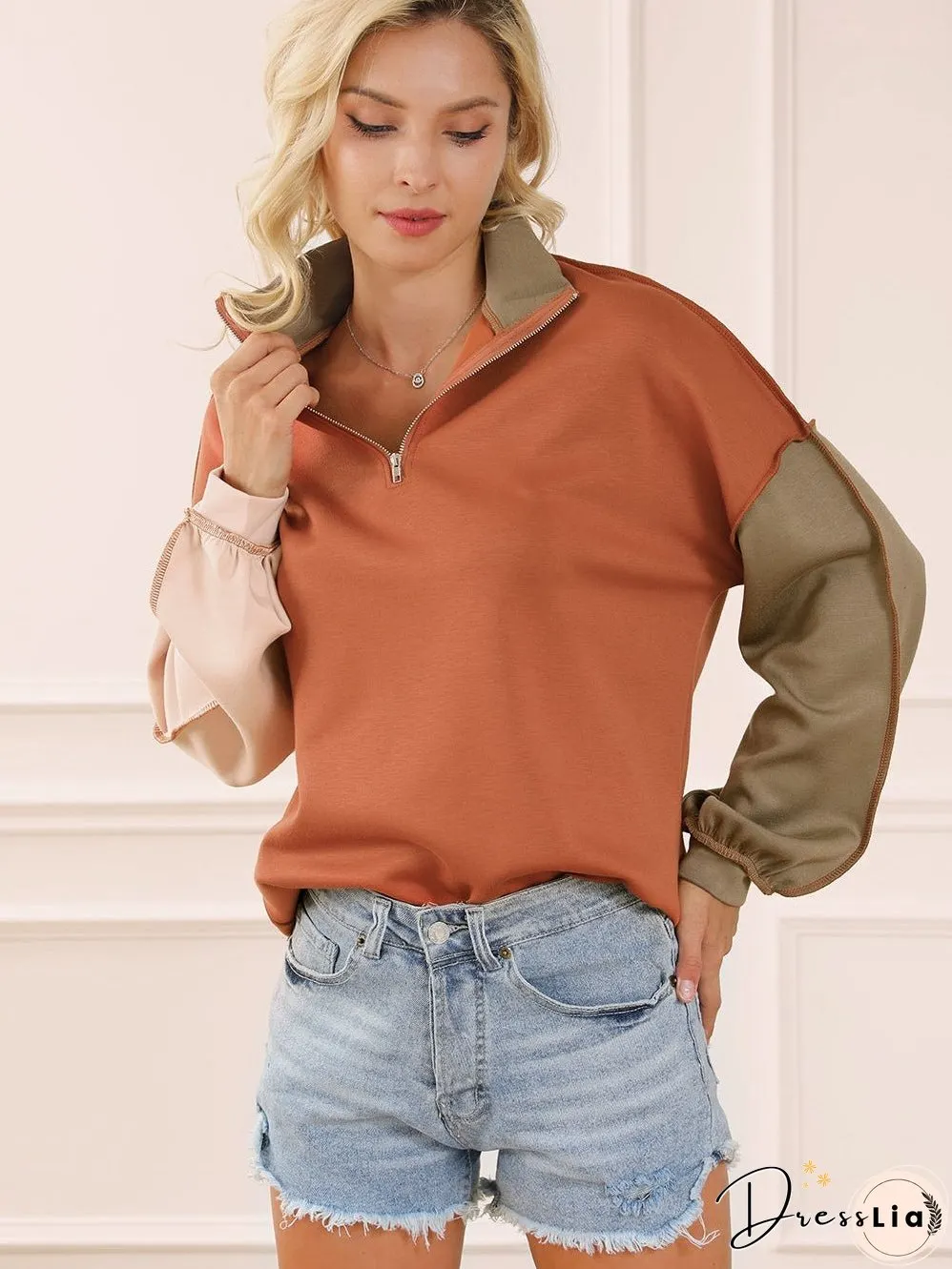 Khaki Zippered V-Neck Color Block Sweatshirt