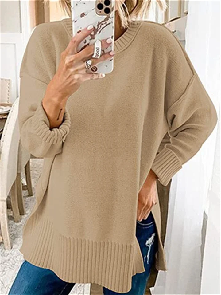 Crew Neck Sweater Long Sleeve Side Split Loose Pullover Sweater | EGEMISS