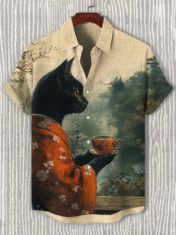 Men's Black Cat Drinking Tea Japanese Art Print Casual Shirt