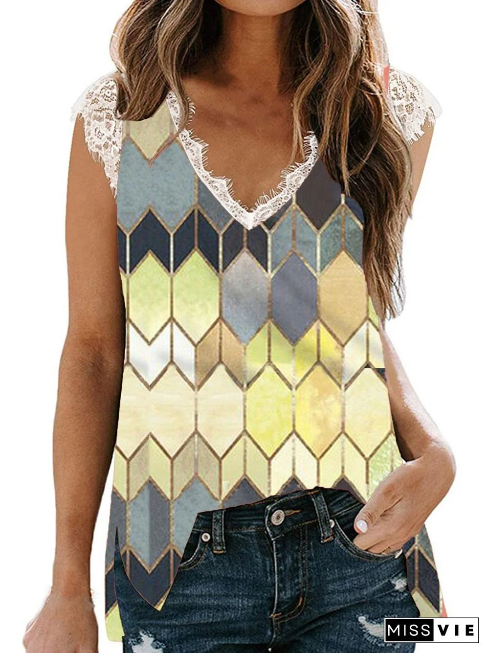 Women Sleeveless V-neck,Lace Colorblock Gradient Top