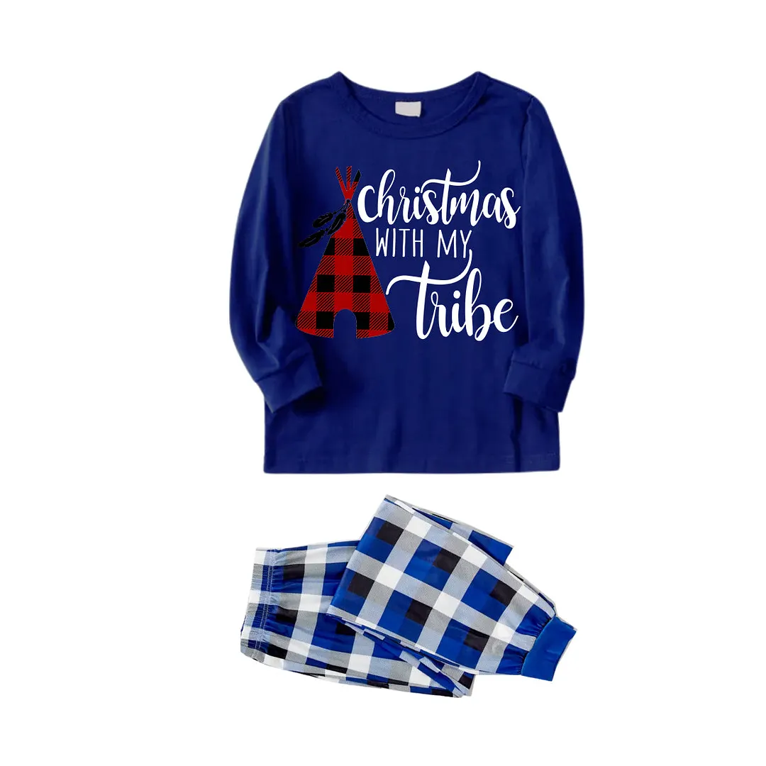 "Christmas With My Tribe"  Pattern Blue Long Sleeves with Blue&White&Black Plaid Pants Family Matching Pajamas