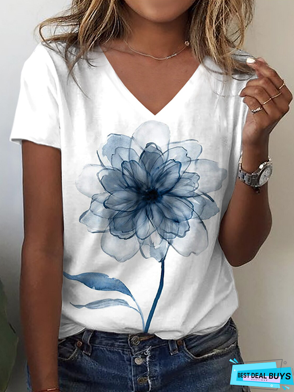 V neck Floral Casual Short Sleeve T-Shirt