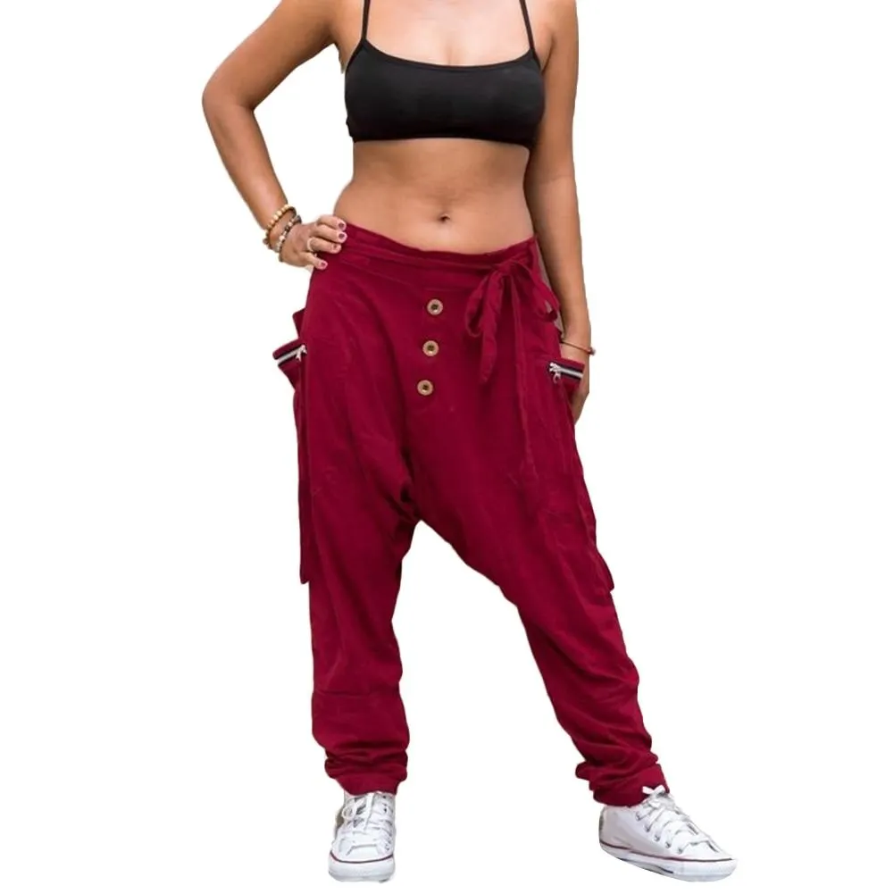 Women Stylish Drop Crotch Waist BeltMa Pockets Harem Pants Long Baggy Trousers