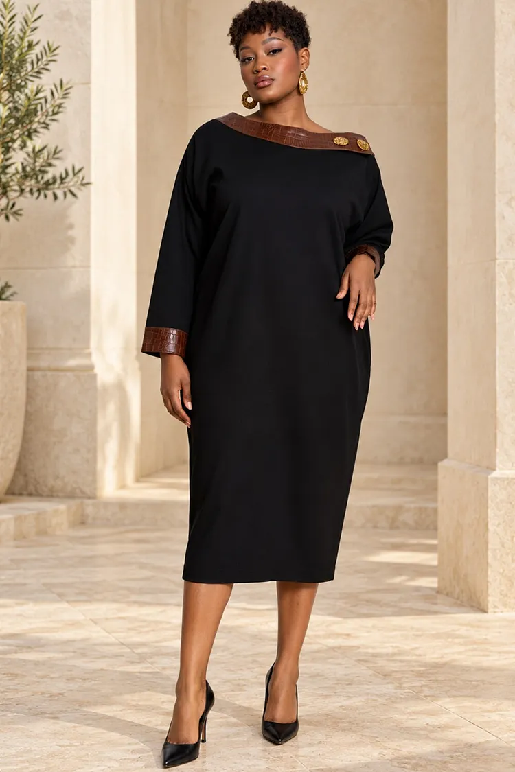 Xpluswear Design Plus Size Business Casual Black Oblique Collar Long Sleeve Pocket Contrast Midi Dresses [Pre-Order] 2024 - Xpluswear