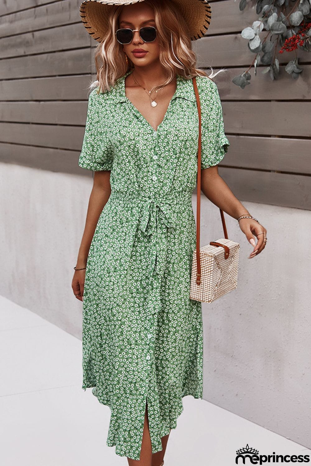 Floral Tie Front Slit Dress