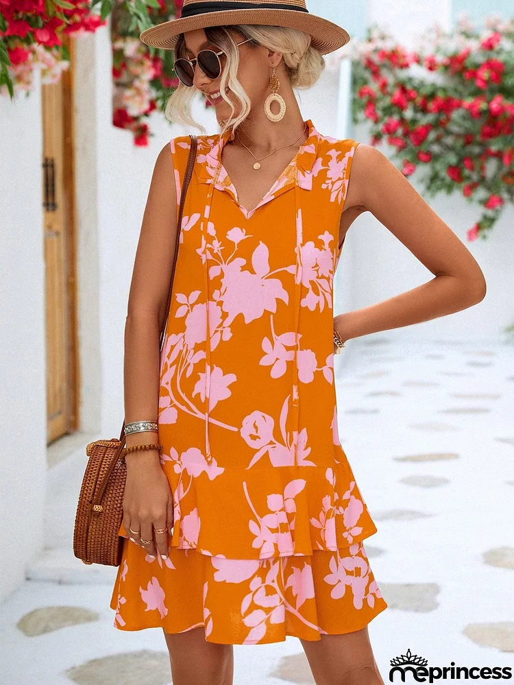 Floral Tie Neck Sleeveless Layered Dress