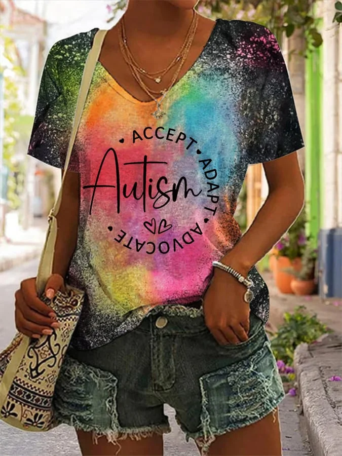 Women's Autism Awareness Autism Accept Print Tie Dye V-Neck T-Shirt socialshop