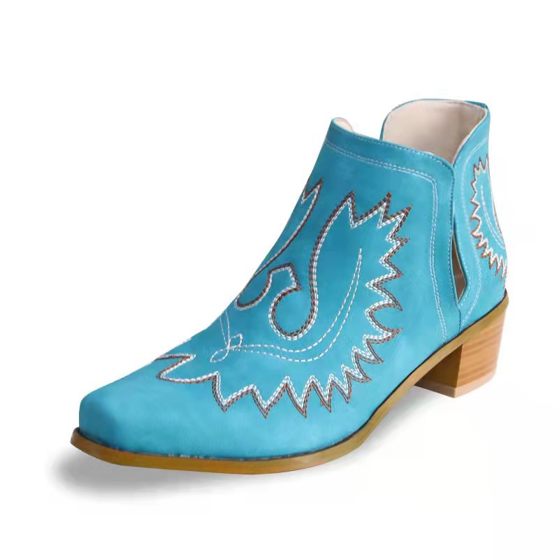 Western Ankle Cowgirl Boots Slip on Cutout Chunky Heel Booties