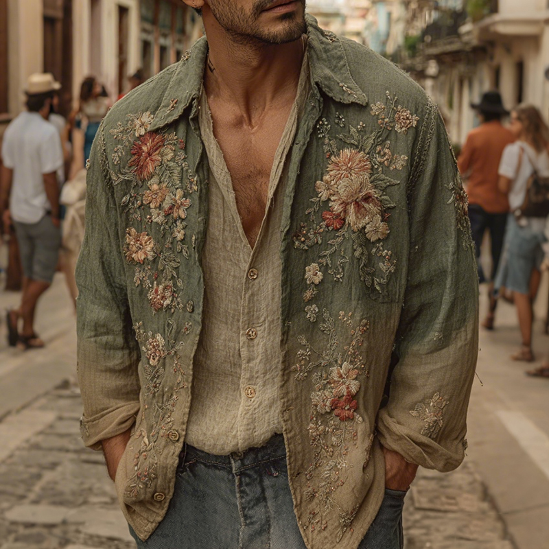 Men's Bohemian Retro Style Floral Print Long-sleeve Shirt  artssus