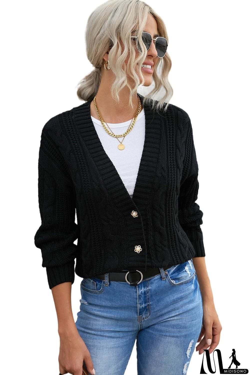 MidiSono - Buttons Weave Knit Cardigan