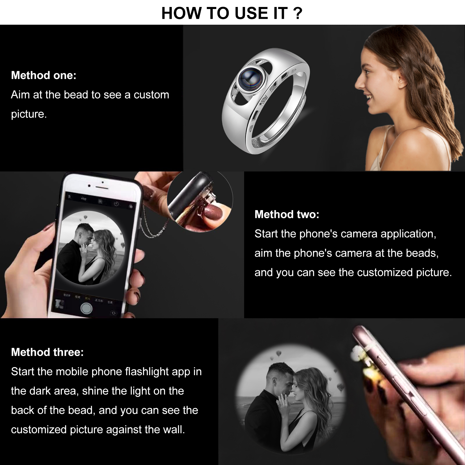 Anello regolabile con proiezione fotografica personalizzata per coppia