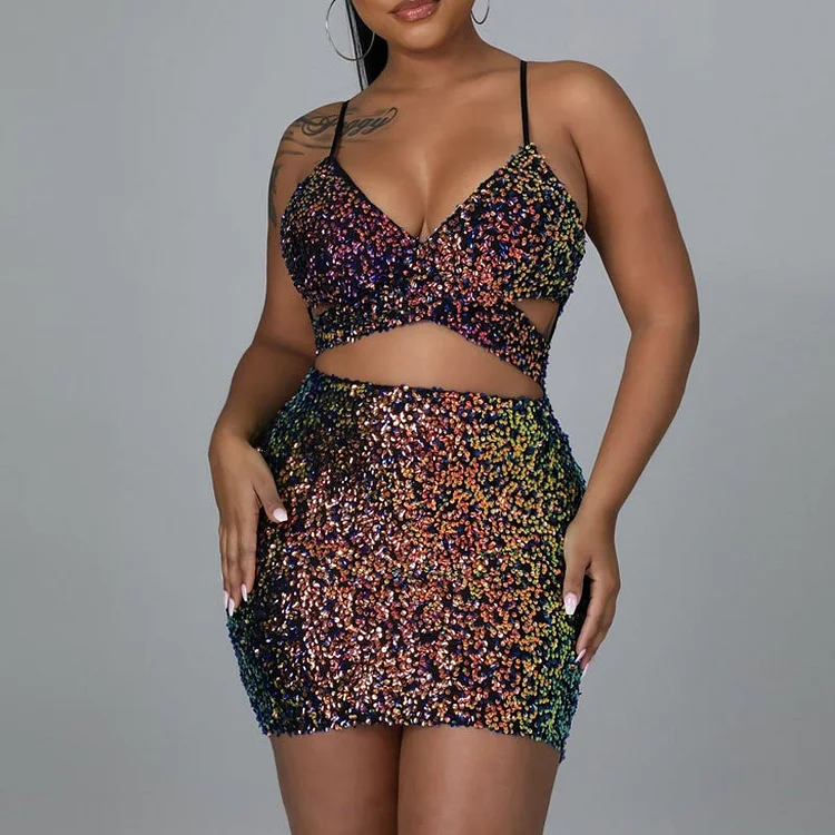 Sequins Sleeveless Cut Out Mini Dress - IRBOOM Fashion Clothing