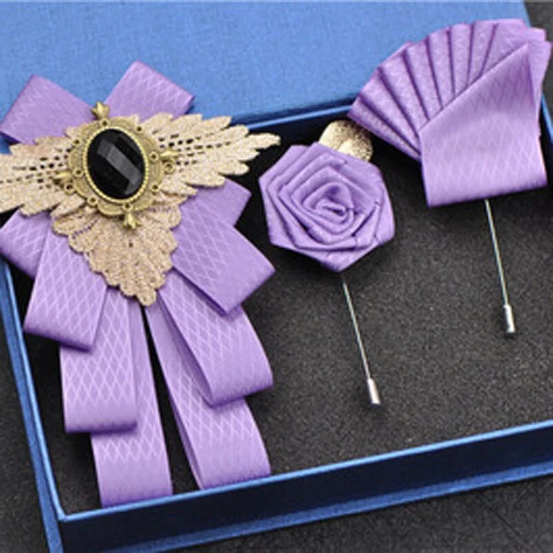 Fashion New Casual Multilayer Bowtie Diamond Brooch Rhinestone Red Bow Tie Brooch Set Wedding Groom Groomsmen Pocket Square Men