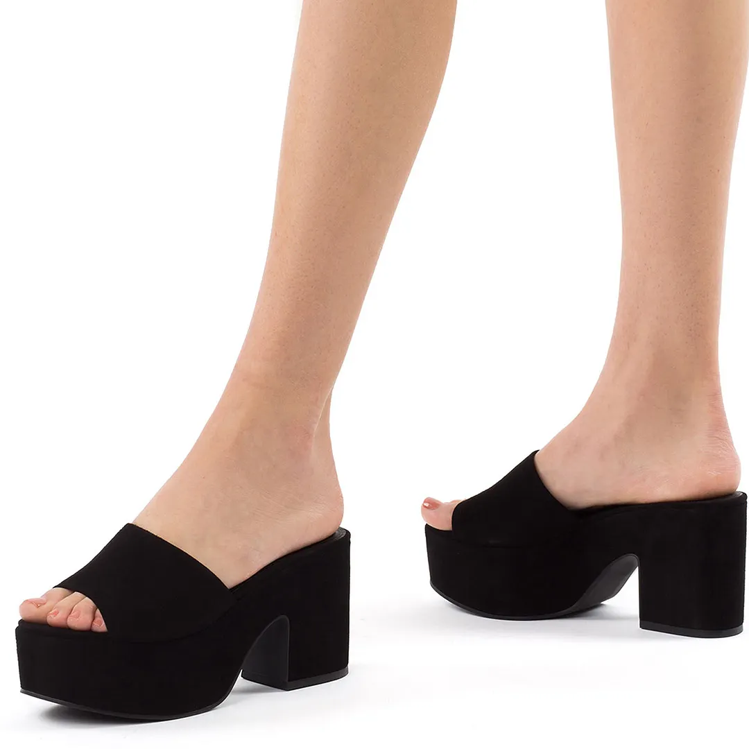 YDN Simple Black Vegan Suede Open Toe Platform Chunky Heeled Mules