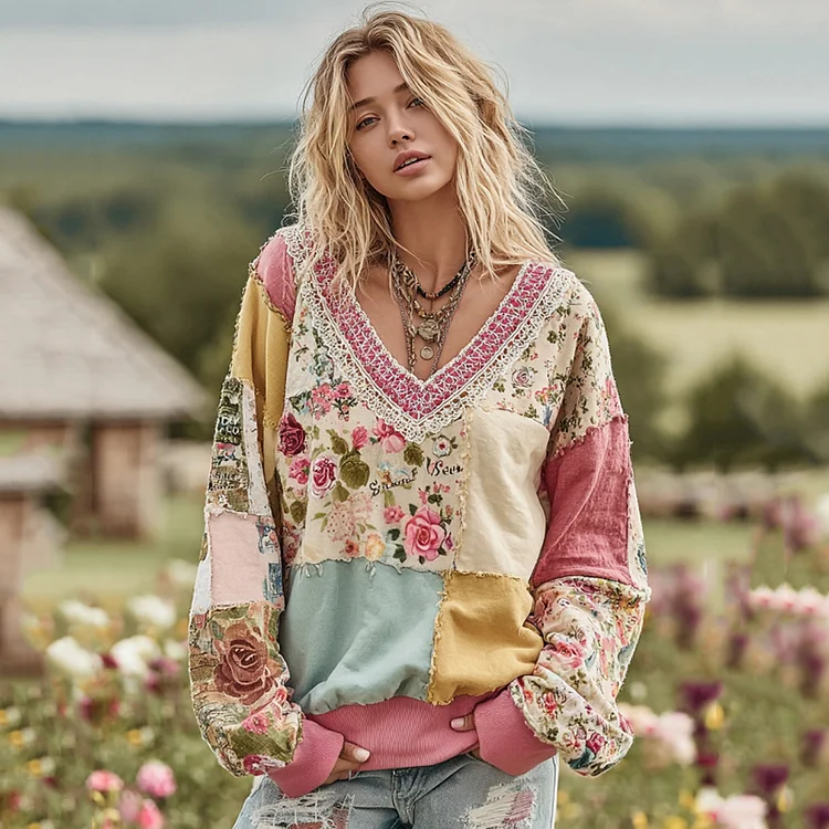 Women's Vintage Floral Patchwork Art Cozy Warm Sweatshirt