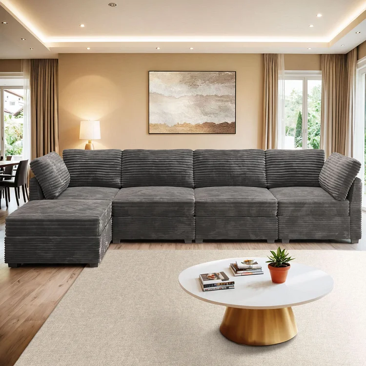 Shopicco Living Room Modular Couch 5-Pieces Set, 1 Wale Plush Corduroy Fabric